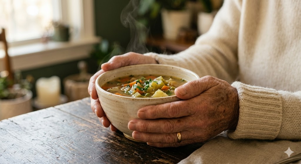 Hands holding a warm bowl of fresh food