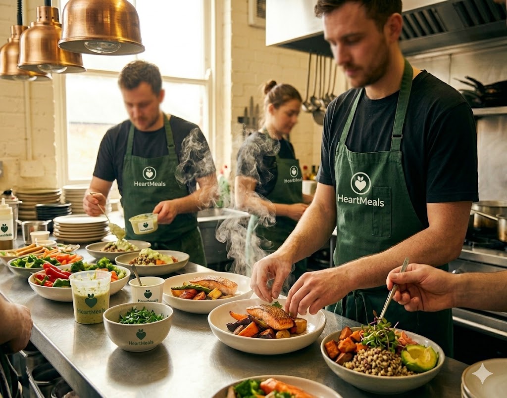 A cook preparing fresh meals with care in a warm kitchen