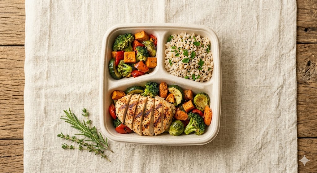 A fully prepared, ready-to-eat healthy meal