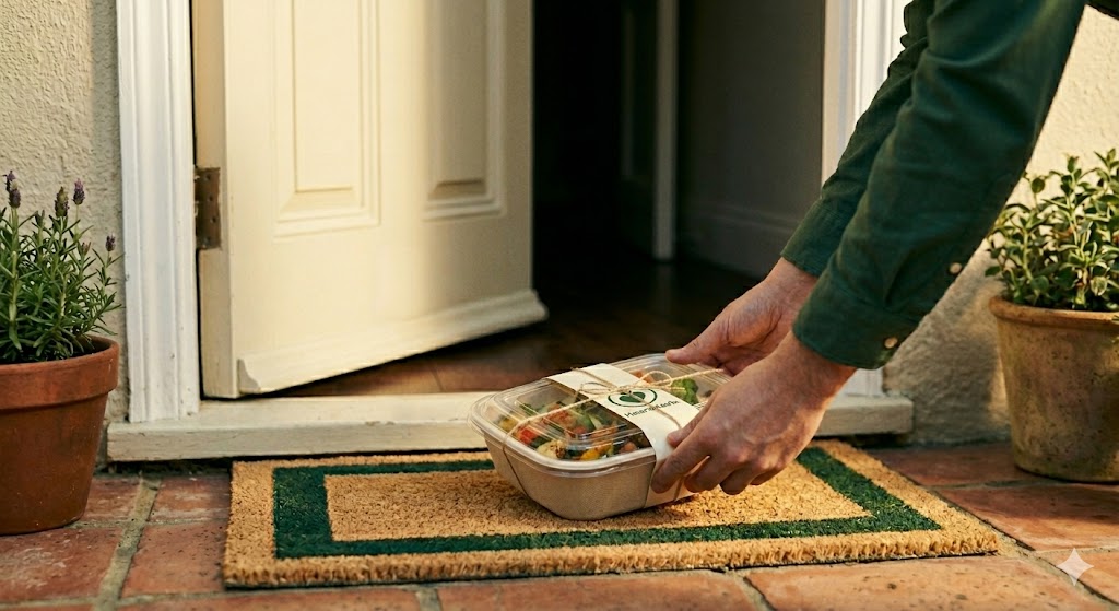 A weekly meal delivery arriving at a front door